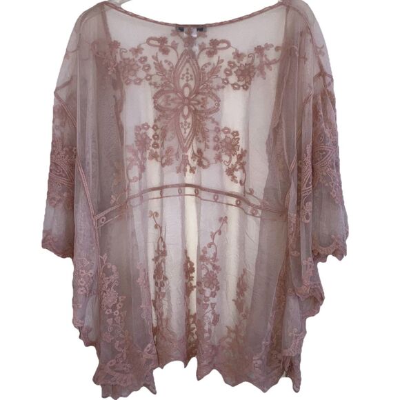 LAUNDRY BY DESIGN OSFM Flowy Lace Open Front Top Cover One Size Neutral Duster - Picture 3 of 6